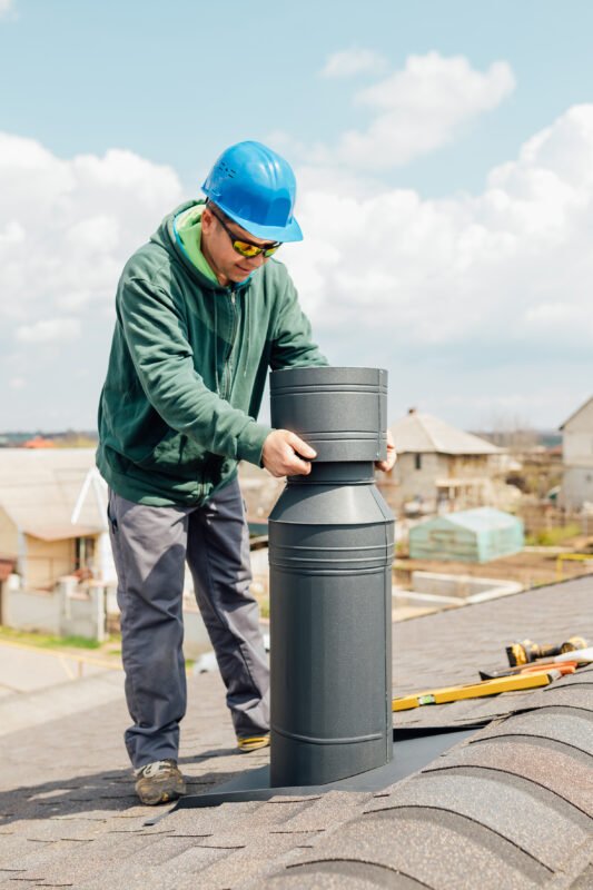 Male worker with blue helmet installs an iron chimney.